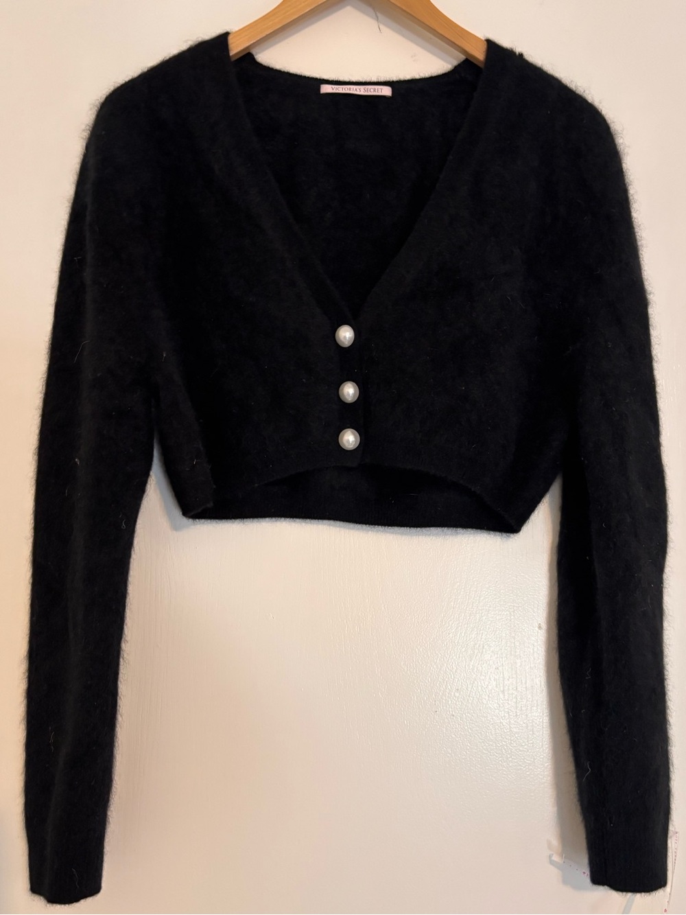 Victoria's Secret Black Cropped Fuzzy V-Neck Cardigan with Pearl Buttons